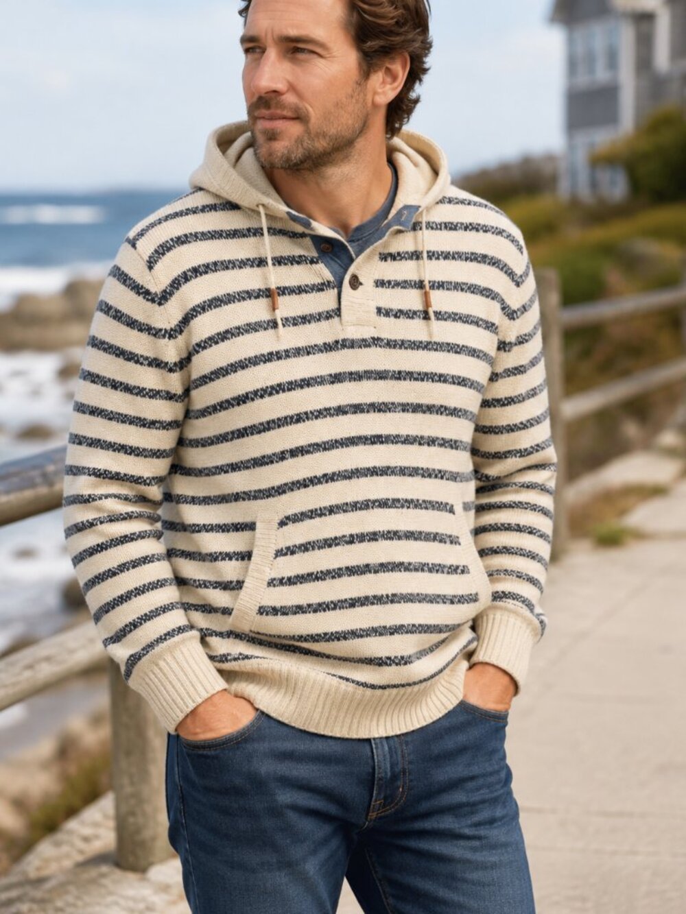 H&M L.O.G.G. Striped Knit Hoodie Sweater XL Cream Navy Pullover Front Pockets